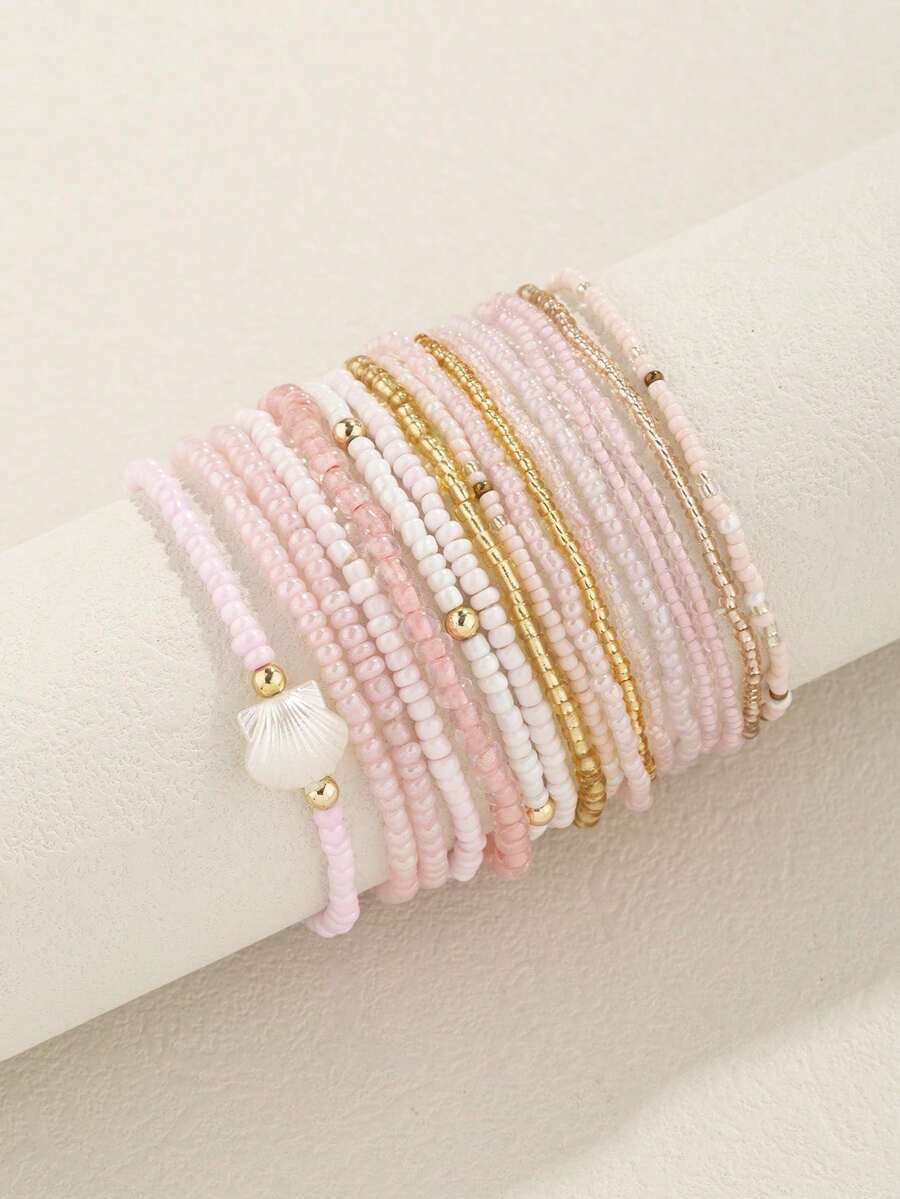 17pcs/Set Girls' Bohemian Style Beach Vacation Glass Seed Bead Stacked Bracelets - Pink - View 1