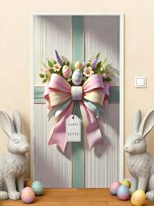 2D 复活节门环装饰挂饰（1 件装） - 涤纶材质，饰有复活节彩蛋和花卉图案，多用途季节性悬挂挂饰，适用于前门、门廊、房间装饰，无需用电，尺寸：35x72 英寸