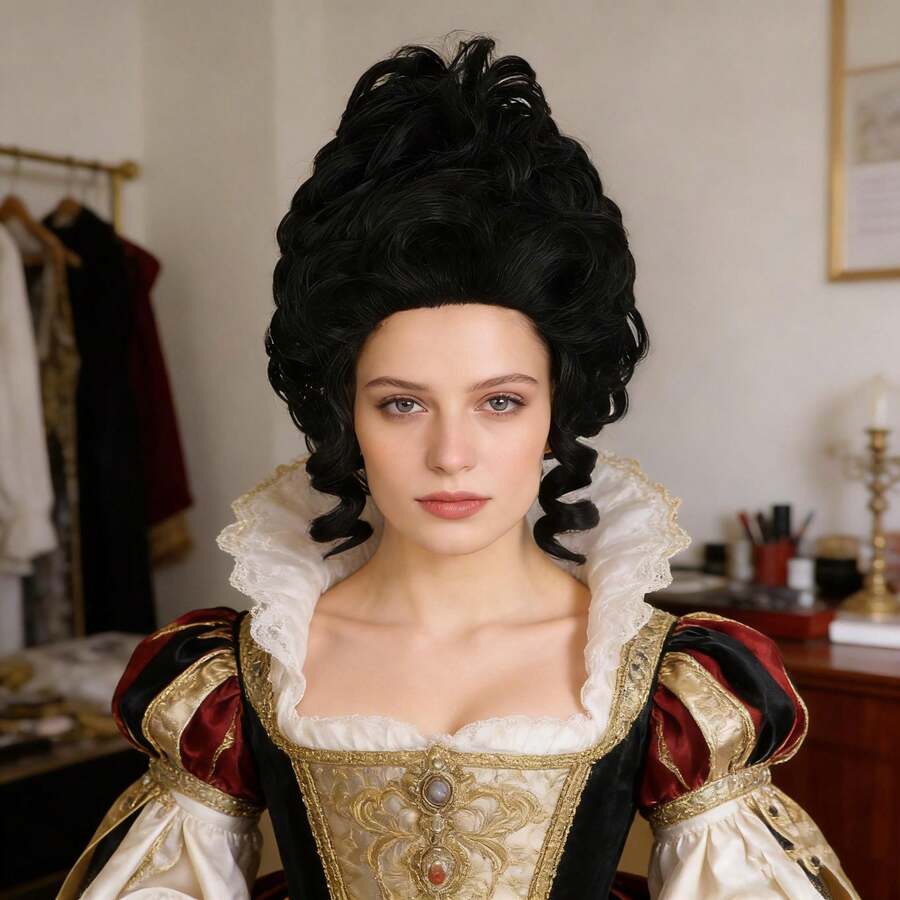 短款黑色卷发蜂窝头假发，带刘海，18世纪殖民时期女士角色扮演假发，派对服装假发，蓬松波浪盘发假发，殖民时期公主假发，18世纪女王假发，蓬松耐高温合成纤维假发，蓬松大卷黑色假发 - 黑色 - 查看 1