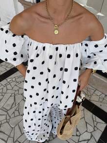 Look Polly 女士夏季弹力单肩设计上衣，口袋设计长裤，波点面料性感休闲宽松两件套，适合约会、度假、海滩、旅行、郊游、生日等场合，白色 - 白色 - 查看 2