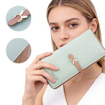 Billetera larga de mujer estilo coreano, moda clásica, monedero con cremallera alrededor, con botón a presión con estampado floral, múltiples ranuras para tarjetas y bolsillo con cremallera, cartera de cuero suave para mujeres y niñas. Monedero, cartera