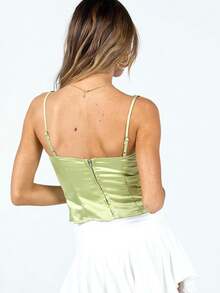 Women's Autumn Solid Color Floral Embroidered Spaghetti Strap V-Neck Boned Waist Short Fitted Satin Bustier, Y2K, Rave, Party, Birthday - Green - View 8