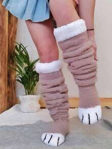 Women's Thigh High Socks Over The Knee Fuzzy Plush 3D Cat Paw Design Contrast White Trim Slouchy Winter Warm Christmas Holiday Leg Warmers Cozy Loungewear Socks - 深粉紅色 - 查看 3