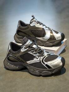 男士新款厚底运动鞋，防滑，增高，高弹时尚，透气休闲运动厚底鞋 - 灰色 - 查看 8