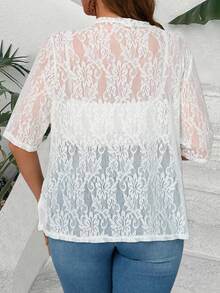 Plus Size Lace Short Sleeve Cardigan, Solid Color Knit Fabric, Sheer Hollow-Out, Suitable For Summer Daily Wear Spring White - White - View 2