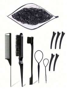 11pcs Hair Styling Tool Set, Includes 2 French Braiding Tools, 1 Rat Tail Comb, 1 Detangling Brush, 1 Pair Of Hair Clips, 5 Alligator Clips And 1 Pack Of 1000pcs 1.1cm/0.43" Hair Ties (1 Pack Of 1000pcs Hair Ties Can Be Purchased Separately)