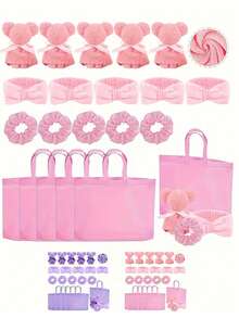 4pcs Spa Party Gift Set - Includes 3pcs 1pc Bear Towel, 3pcs 1pc Headband, 3pcs 1pc Scrunchie And 3pcs 1pc Tote Bag. Suitable For Spa Parties, Bachelorette Parties, Bridal Showers, Graduations, Valentine's Day, Birthdays, Afternoon Tea Parties, Weddings And Other Occasions. - Multicolor - View 1