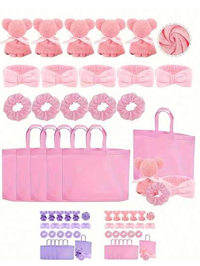 4pcs Spa Party Gift Set - Includes 3pcs 1pc Bear Towel, 3pcs 1pc Headband, 3pcs 1pc Scrunchie And 3pcs 1pc Tote Bag. Suitable For Spa Parties, Bachelorette Parties, Bridal Showers, Graduations, Valentine's Day, Birthdays, Afternoon Tea Parties, Weddings And Other Occasions.