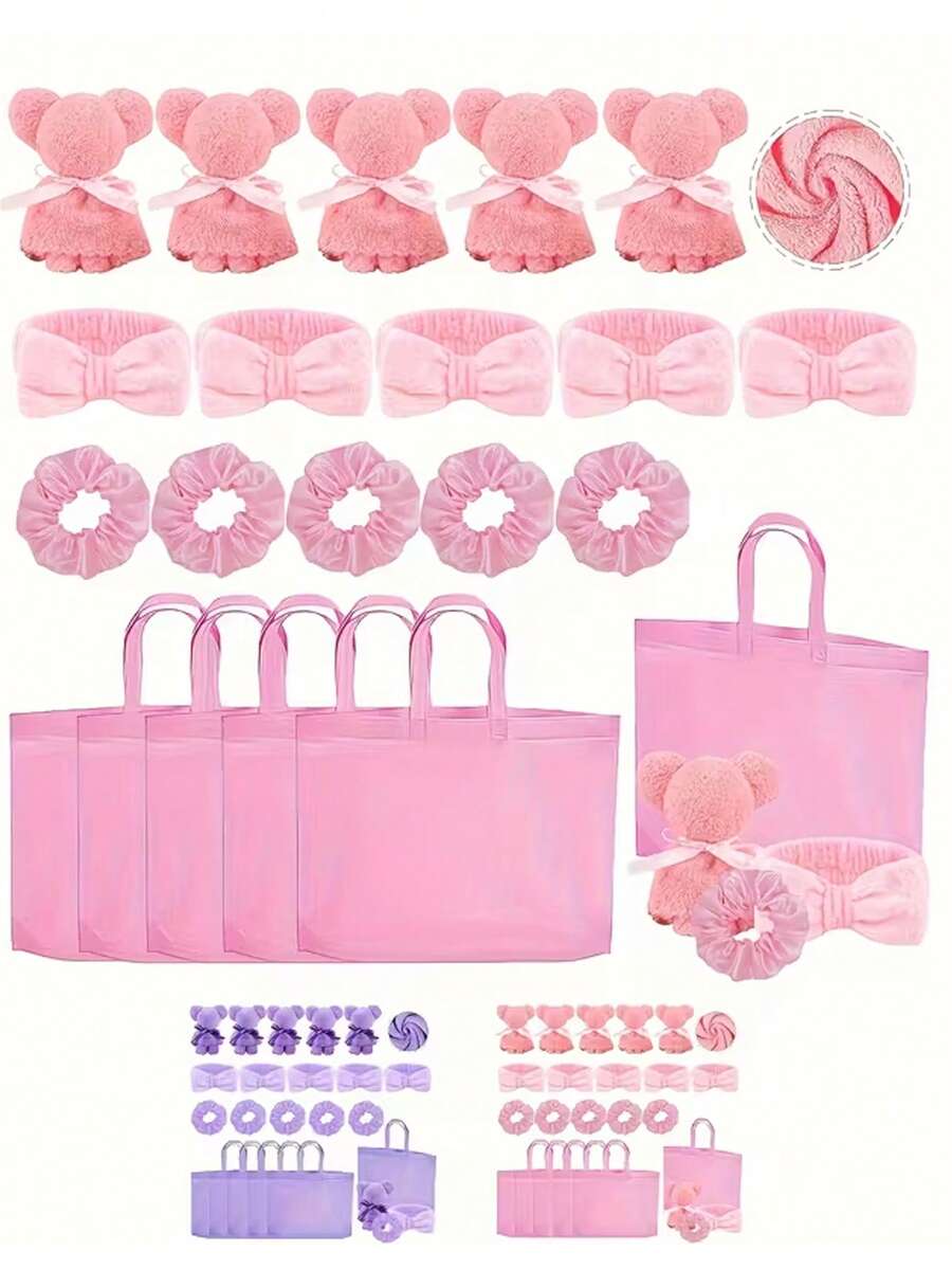4pcs Spa Party Gift Set - Includes 3pcs 1pc Bear Towel, 3pcs 1pc Headband, 3pcs 1pc Scrunchie And 3pcs 1pc Tote Bag. Suitable For Spa Parties, Bachelorette Parties, Bridal Showers, Graduations, Valentine's Day, Birthdays, Afternoon Tea Parties, Weddings And Other Occasions. - Multicolor - View 1