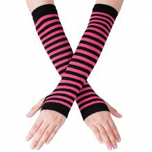 Nydotd Fingerless Long Sleeve Mittens Gloves Y2K Kawaii Japanese Harajuku Gothic Punk Knitted Striped Arm Warmer For Women,BlackFuchsia - 黑紫紅色 - 查看 1