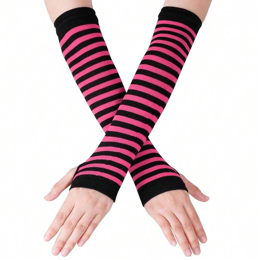 Nydotd Fingerless Long Sleeve Mittens Gloves Y2K Kawaii Japanese Harajuku Gothic Punk Knitted Striped Arm Warmer For Women,BlackFuchsia - 黑紫紅色 - 查看 1