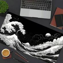 Japanischer schwarzer Wellen-Mauspad Sonnenlandschaft Schreibtischunterlage Extragroßes Mauspad 90x40 cm Büro Tastaturunterlage mit rutschfester Gummibasis und umsäumtem Rand, Büro-Zubehör für Zuhause, Weihnachtsgeschenke für Frauen, Männer