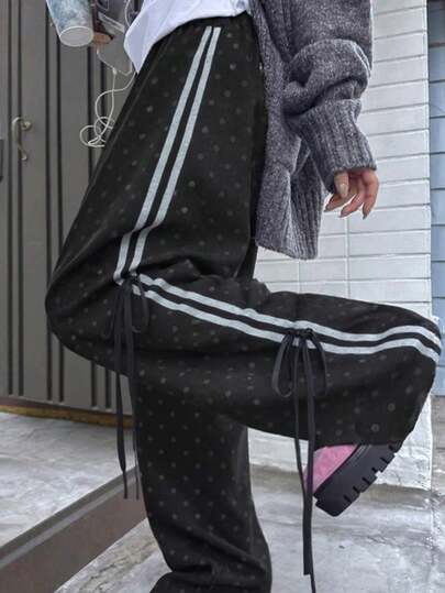 黑色高腰显瘦系带波点直筒休闲裤