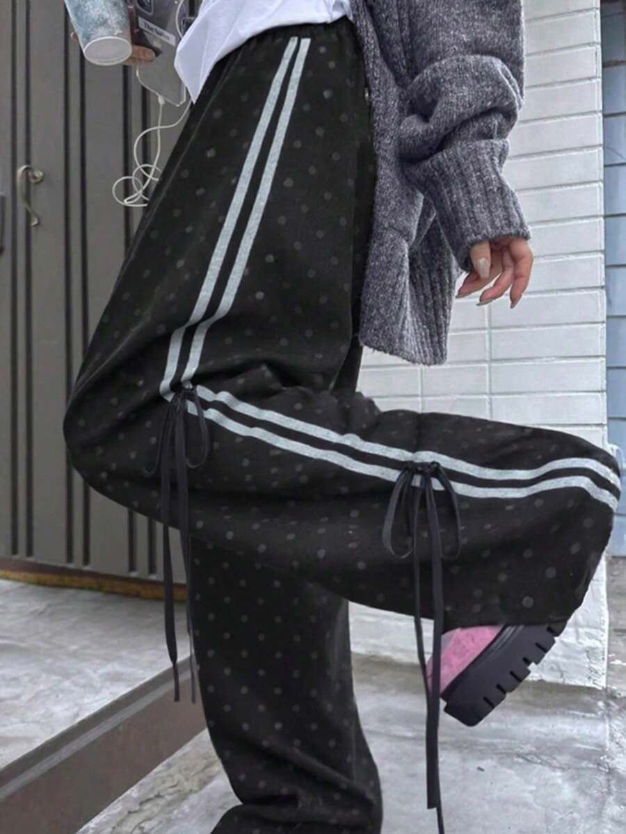 黑色高腰显瘦系带波点直筒休闲裤 - 黑色 - 查看 1