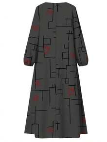 伊斯兰女式时尚长袍，几何图案与红色花卉印花，长袖圆领，采用无弹梭织面料制成，春季款 - 深灰色 - 查看 3