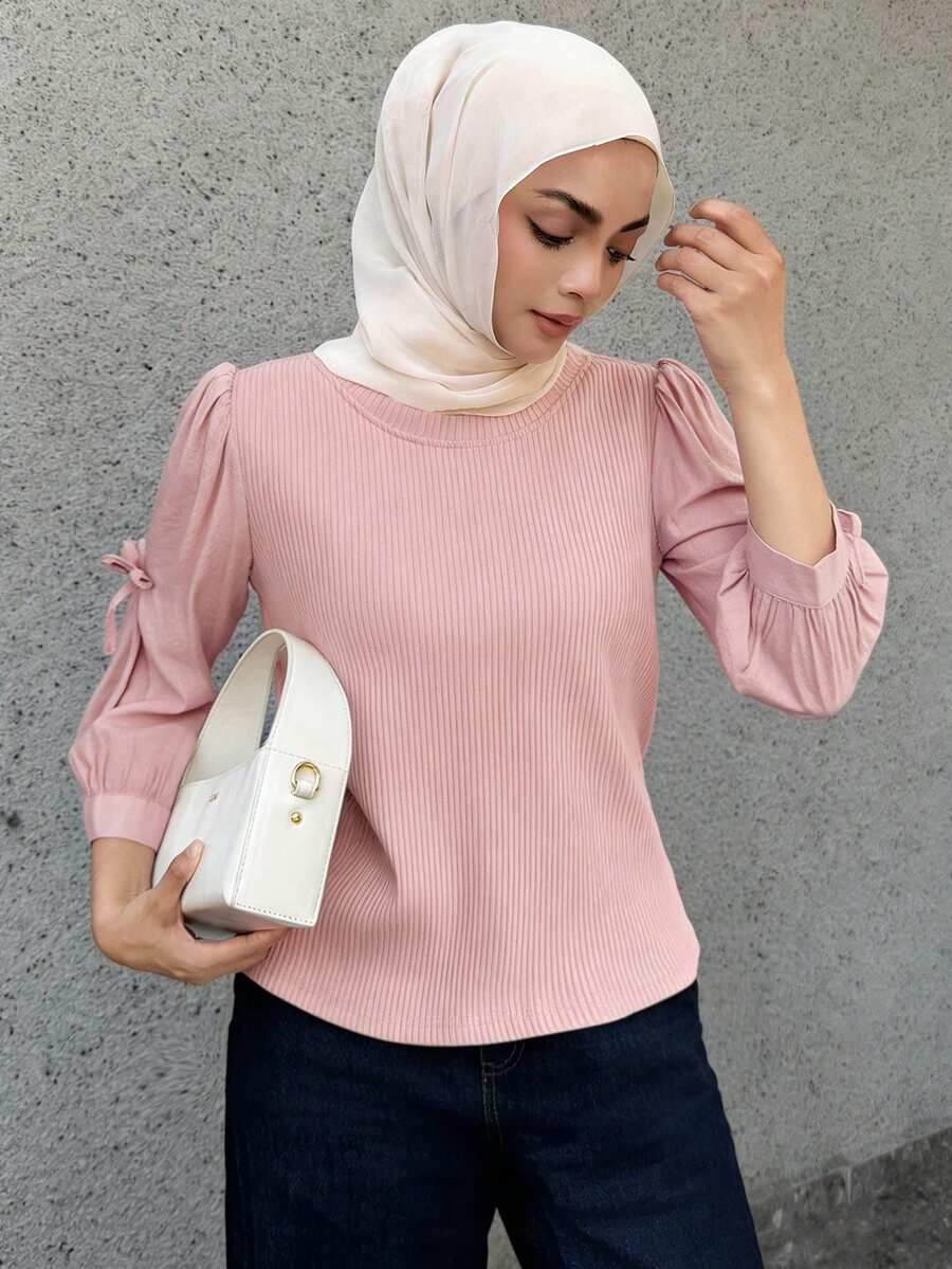 DAZY 女士圆领长袖衬衫配领带蝴蝶结、甜美温柔女友衬衫、长袖上衣 - 粉色 - 查看 1