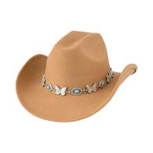 Sombreros de vaquera para mujer, estilo fedora jazz de ala ancha enrollada estilo western con cinturón decorativo de mariposa turquesa. - Caqui - Ver 6