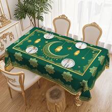 1pc Green Ramadan Tablecloth, Ramadan Kareem Theme Tablecloth With Crescent Moon, Lantern, Flower Design, Ramadan Eid Al-Fitr Decoration Islamic Style Dining Table Cover, Suitable For Indoor/Outdoor Party And Home Decor, Multiple Designs Available