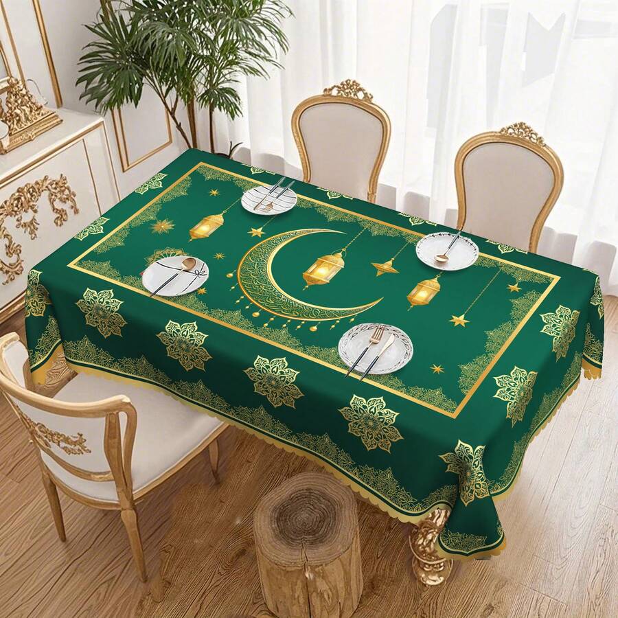 1pc Green Ramadan Tablecloth, Ramadan Kareem Theme Tablecloth With Crescent Moon, Lantern, Flower Design, Ramadan Eid Al-Fitr Decoration Islamic Style Dining Table Cover, Suitable For Indoor/Outdoor Party And Home Decor, Multiple Designs Available