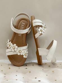 1 双女童钩针镂空装饰凉鞋，舒适设计（注重舒适性，搭配白色钩针镂空装饰），针织+PU材质，透气防滑，低帮魔术贴平底凉鞋，适合日常穿着，适合日常行走、轻度户外探索等场合。 - 米色 - 查看 6