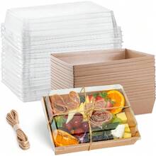 50 piezas Juego de cajas de papel para charcutería de 7x5 pulgadas con tapas transparentes - Cajas apilables y portátiles para regalos de postres y aperitivos, suministros para fiestas - 50 Marrón - Ver 7
