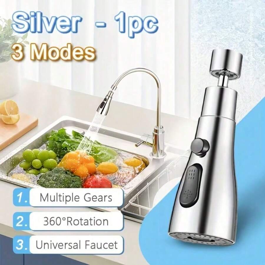 Kitchen Multi-Function Faucet, 360 Degree Rotary Kitchen Faucet Extender, Three Mode Kitchen Sink Faucet Extender, Kitchen Sink Faucet Nozzle, Bathroom Splash Proof Faucet - Silver + Adapter - View 1