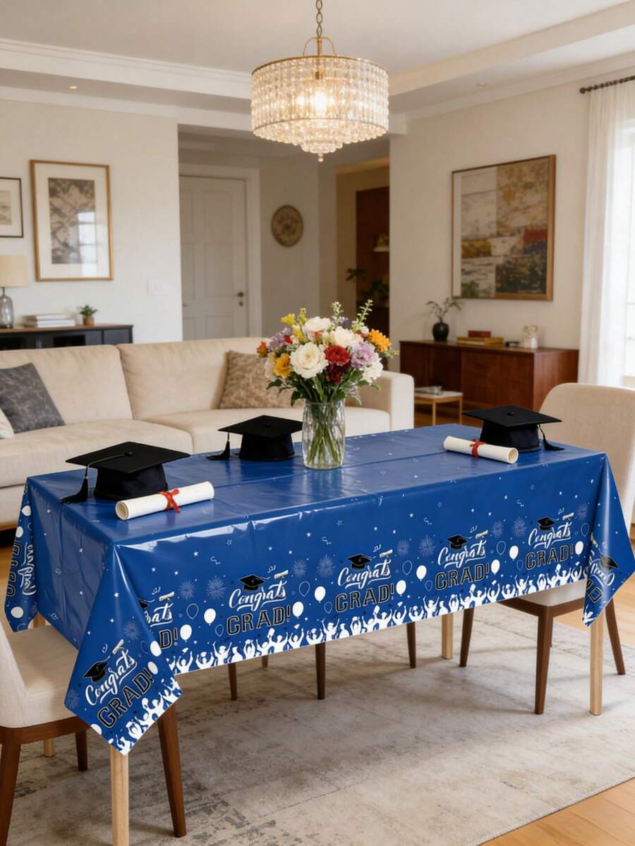 3pcs 137x274CM/53.94x107.87IN Graduation Theme Tablecloth - Waterproof & Stain Resistant, Burgundy/Light Blue/Blue/Purple "Congrats GRAD" Letter + Graduation Cap Print, Plastic Material, Suitable For Graduation Party, Promotion Ceremony, Campus Celebration Events And Daily Use - Blue - View 1