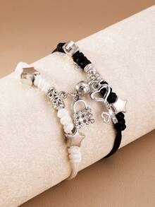 2件套夏季时尚简约水钻钥匙吊坠手链，手工编织，百搭手链，适合女孩、姐妹、朋友佩戴 - 黑白 - 查看 5