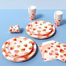 草莓图案一次性餐盘、餐巾纸、杯子套装，派对用品，可供8位客人使用，一次性纸盘，派对餐具，适用于生日、婚礼、主题派对、家庭野餐 - 彩色 - 查看 5