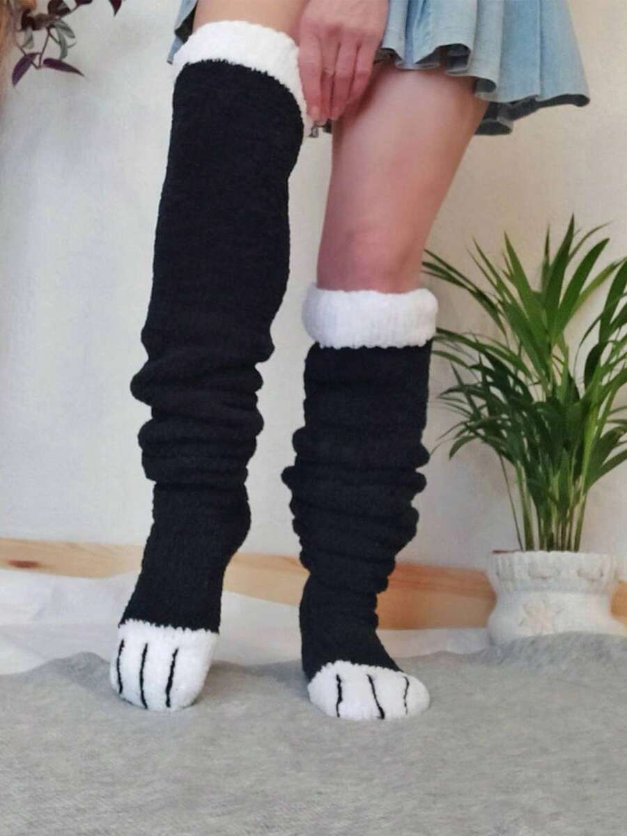 Women's Thigh High Socks Over The Knee Fuzzy Plush 3D Cat Paw Design Contrast White Trim Slouchy Winter Warm Christmas Holiday Leg Warmers Cozy Loungewear Socks - 黑色 - 查看 1