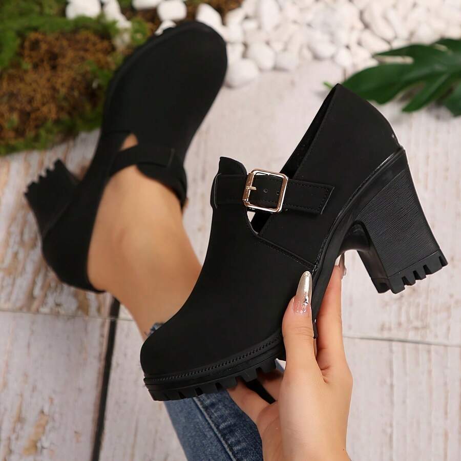 Giày cao gót nữ màu trơn, bốt cổ ngắn đế dày, bốt da đen chống trơn trượt, bốt cổ ngắn thoải mái phù hợp cho các dịp thường ngày, dự tiệc và trang trọng. - màu đen - Xem 1