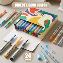 Set de 12/24 colores de rotuladores de pintura acrílica, sistemas de color clásicos, metálicos, macarons y tonos de piel disponibles, suministros de arte y pintura para estudiantes, opacos, lavables y de secado rápido - Marcador líquido recto - Ver 2