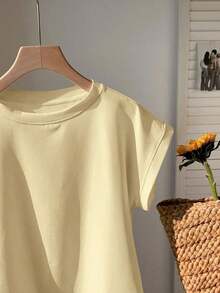 2026 SUMMER TopComfortcana Women's Casual Coffee Brown Round Neck Short Sleeve T-Shirt, SummerLoose And Comfortableshirt - 黃色 - 查看 4