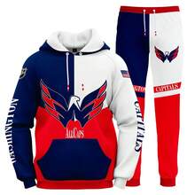 Washington-Capitals Men'S Stylish 3D Lion Print 2pcs Athletic Wear Set - Long Sleeve Hoodie & Joggers, Casual Outdoor & Gym Wear For Spring/Fall, Football Team Pattern Design, Comfortable & Breathable Fabric, Perfect For Comfortable Fit - 彩色 - 查看 1