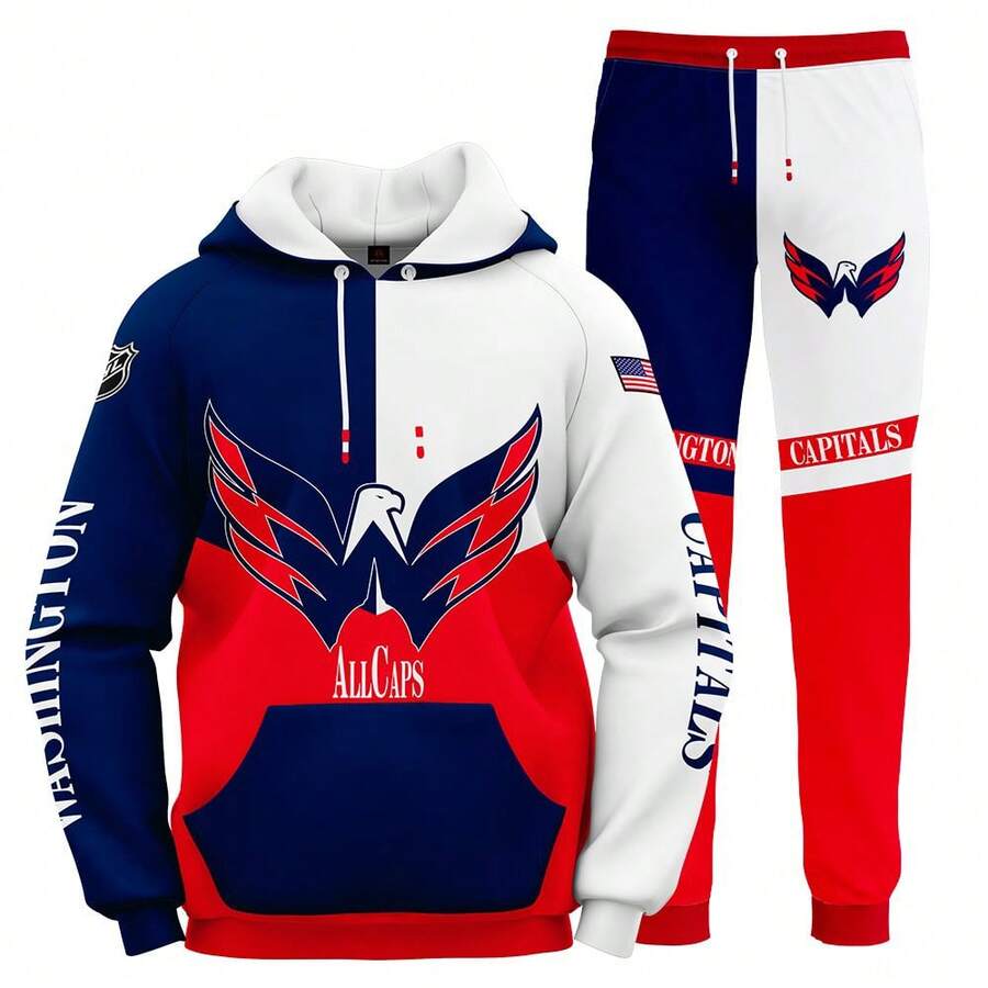 Washington-Capitals Men'S Stylish 3D Lion Print 2pcs Athletic Wear Set - Long Sleeve Hoodie & Joggers, Casual Outdoor & Gym Wear For Spring/Fall, Football Team Pattern Design, Comfortable & Breathable Fabric, Perfect For Comfortable Fit - 彩色 - 查看 1