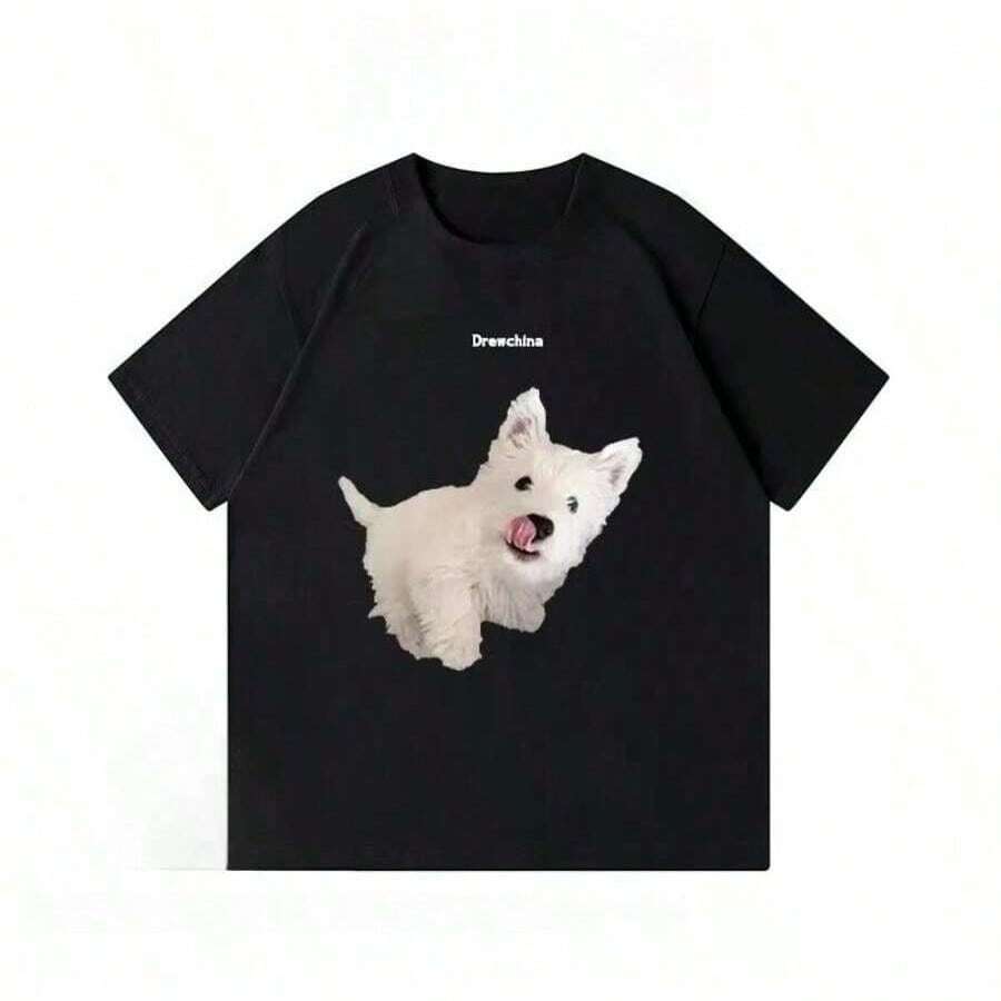 Summer Clothing Fun Style Cartoon Dog High-Quality Comfortable Cotton Short Sleeved Men's Loose Printed T-Shirt - Black - View 1