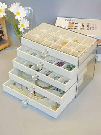 1 pieza Caja de joyería acrílica de 3 capas, caja de almacenamiento de joyas de estilo moderno con múltiples cajones, organizador de joyas transparente para aretes, anillos, collares, adecuado para el hogar y viajes, diseño de cajones gruesos anti-desteñido, regalo de cumpleaños, aniversario, Día de la Madre, regalo para mujeres, ideal para el almacenamiento y organización de joyas.