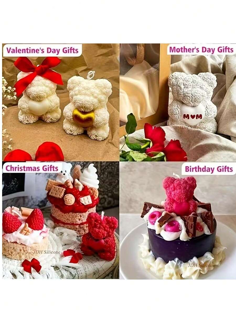 1个玫瑰花和泰迪熊硅胶蜡烛模具 DIY玫瑰花和泰迪熊香氛石膏扩香石家居装饰硅胶模具 - 白色 - 查看 1