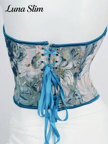 Luna Slim New Women's Spring/Summer Jacquard Polyester Lace-Up Heart-Shaped Neckline Corset Top, Adjustable Criss-Cross Back Straps, 1pc Retro Baroque Style Cropped Bustier, Floral Jacquard Print, Sexy Shaping, Perfect For Vintage, Sexy, Elegant Party, Daily, Date, Street, Performance, Outdoor, Back To School, Punk, Thanksgiving, Music Festival, Valentine's Day, New Year Party