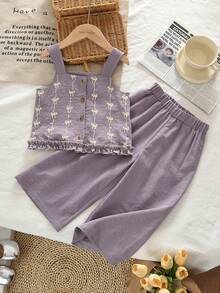 2pcs/Set Girls' Casual Butterfly Print Woven Fabric Camisole And Shorts Set, Summer - Mauve Purple - View 1