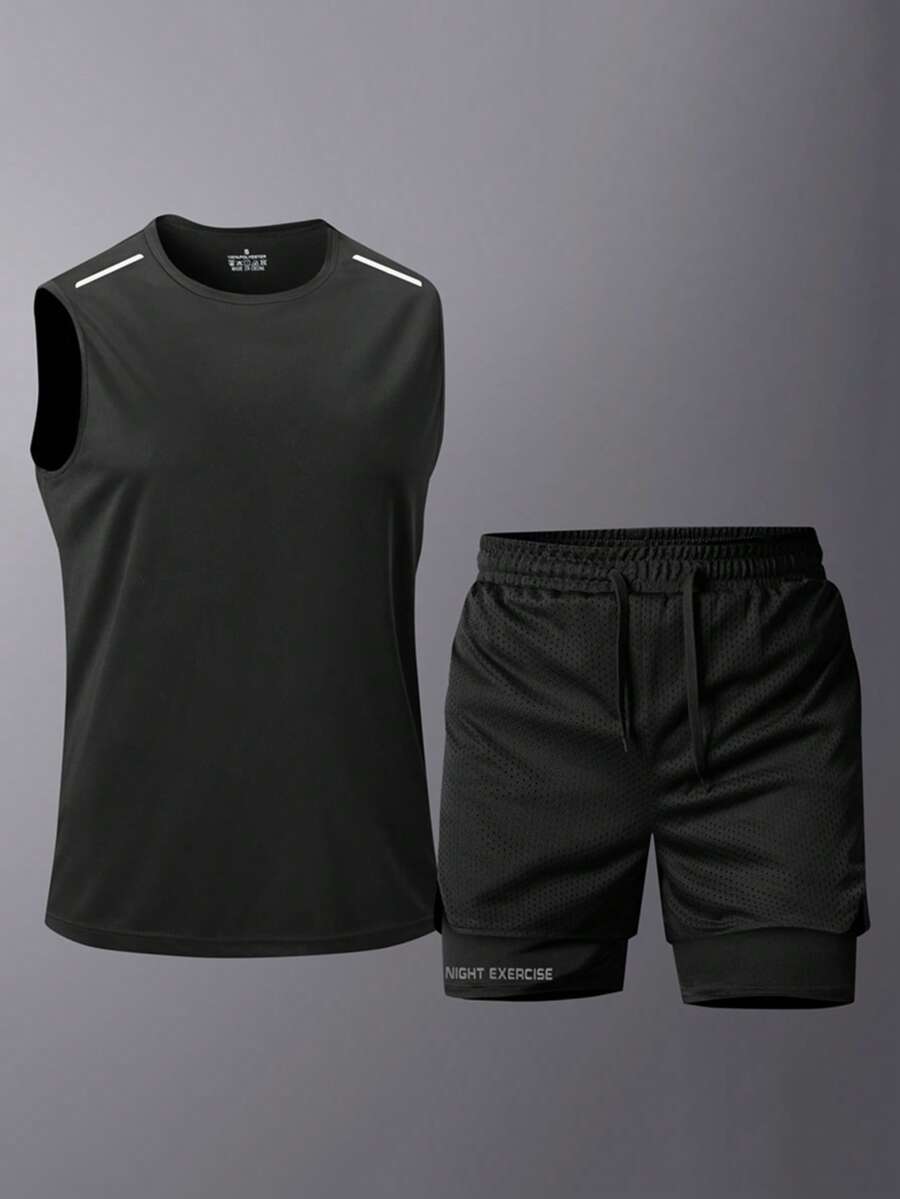 男士夏季户外运动背心和短裤健身跑步套装 - 黑色 - 查看 1