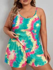 Bộ đồ ngủ nữ cỡ lớn in họa tiết tie-dye gồm áo hai dây và quần short, đồ mặc nhà thoải mái. - Nhiều màu - Xem 5
