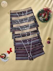 5条/包 - 波西米亚几何图案女士平角内裤，直筒腰带纽扣设计，柔软顺滑面料，舒适内衣