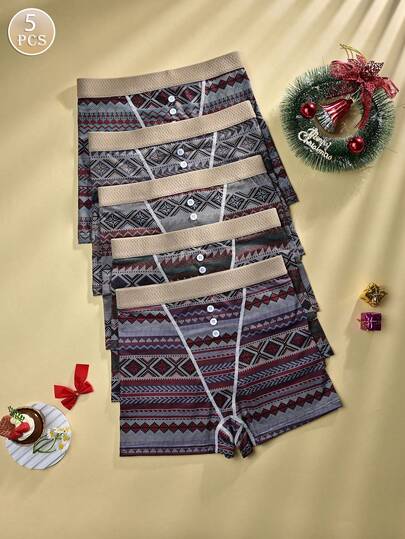 5pcs/Pack - Bohemian Geometric Pattern Women's Hipster Panties, Straight Waistband Button Design, Soft & Smooth Fabric, Comfortable Underwear