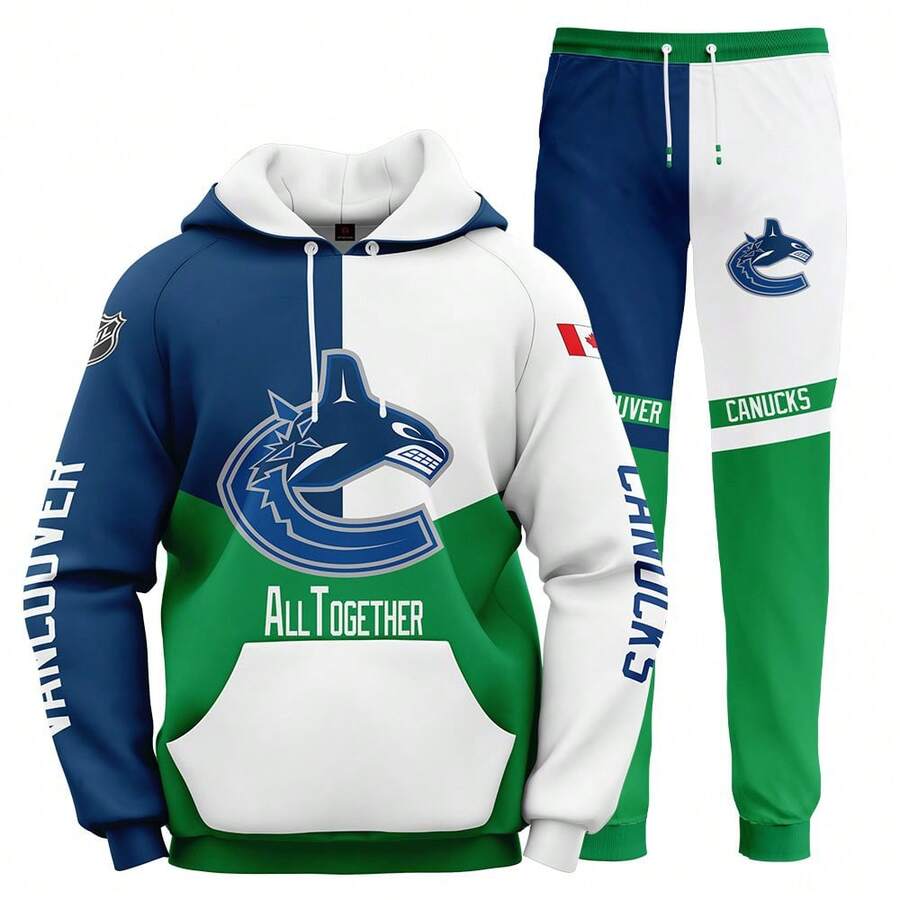 Vancouver-Canucks Men'S Stylish 3D Lion Print 2pcs Athletic Wear Set - Long Sleeve Hoodie & Joggers, Casual Outdoor & Gym Wear For Spring/Fall, Football Team Pattern Design, Comfortable & Breathable Fabric, Perfect For Comfortable Fit - Nhiều màu - Xem 1