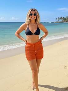 Women's Short Beach Cover-Up Knit Shorts With Crochet Detail And Adjustable Drawstring, Summer Fashion, Pool Style - 橘色 - 查看 1