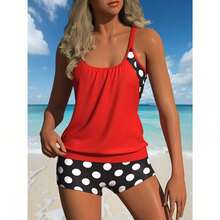 Women's Two-Piece Swimwear Set – Mix Of Print And Solid Styles For Beach & Resort Wear - Đỏ - Xem 1