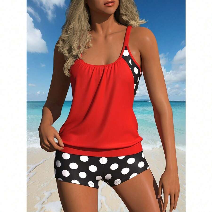 Women's Two-Piece Swimwear Set – Mix Of Print And Solid Styles For Beach & Resort Wear - Đỏ - Xem 1