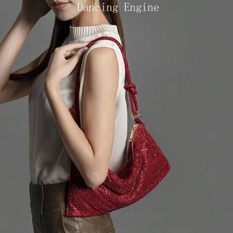 Dancing Engine Rhinestone Embellished Evening Clutch, Wallet And Handbag, Luxury Designer Shoulder Bag, Sparkling Crystal Clutch, Bucket Bag