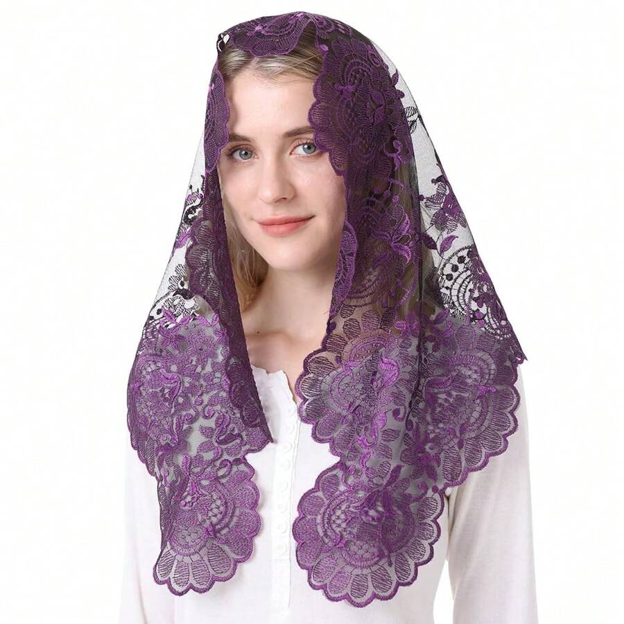 Chu 1rch Veil For Women - Catholic Latin Mass Veil With Lace Embroidery Mantilla Head Covering - màu tím - Xem 1